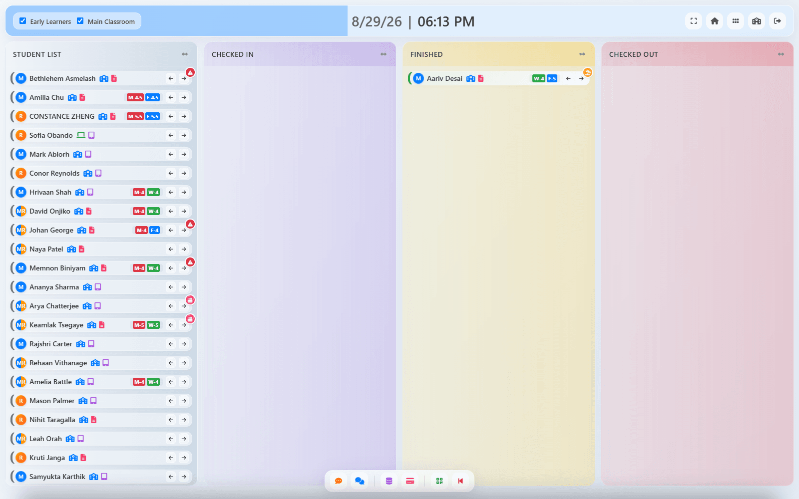 Kuro check-in board showing student cards with math and reading level badges