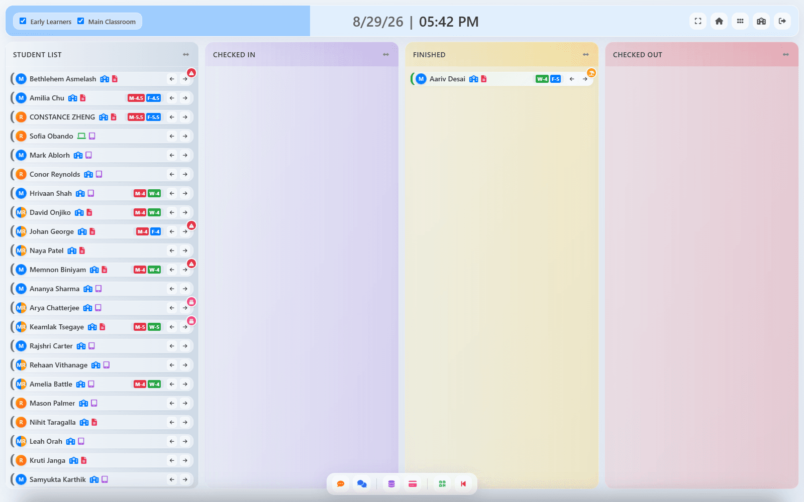 Kuro check-in board — Student List, Checked In, Finished, Checked Out